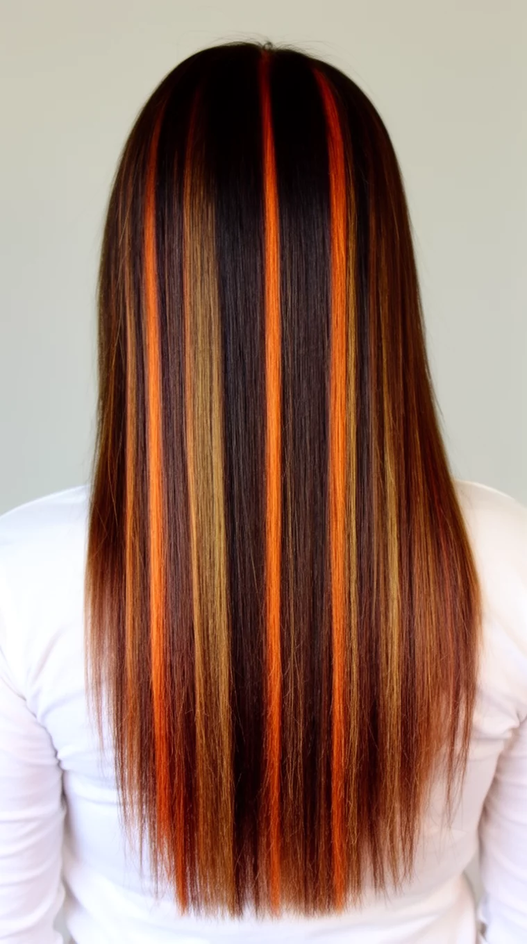 casual photo of a 32-year-old woman wearing a white top with a long, dark brown hair with vertical streaks of bright copper and golden-brown highlights colored long hairstyle, back view, minimal background