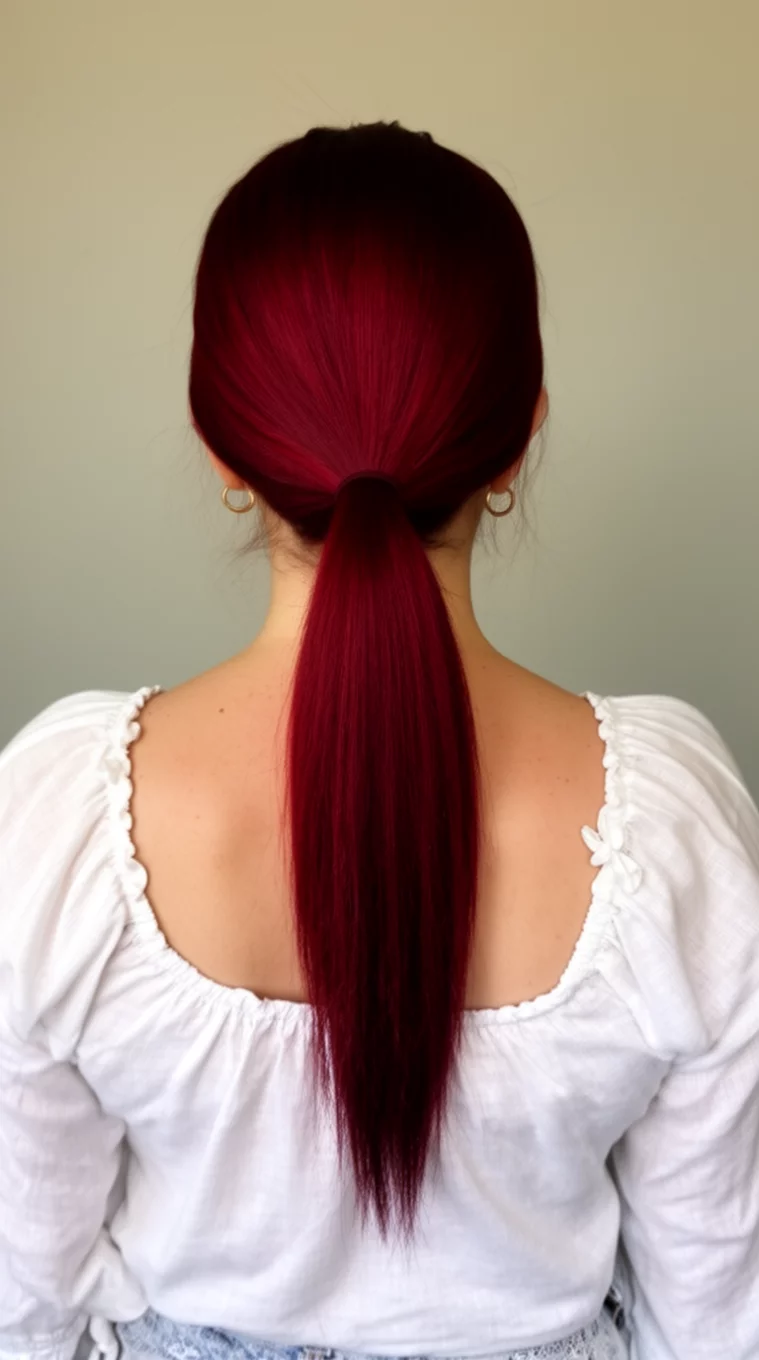casual photo of a 34-year-old woman wearing a white peasant top with a sleek crimson low pony hairstyle, back view, minimal background