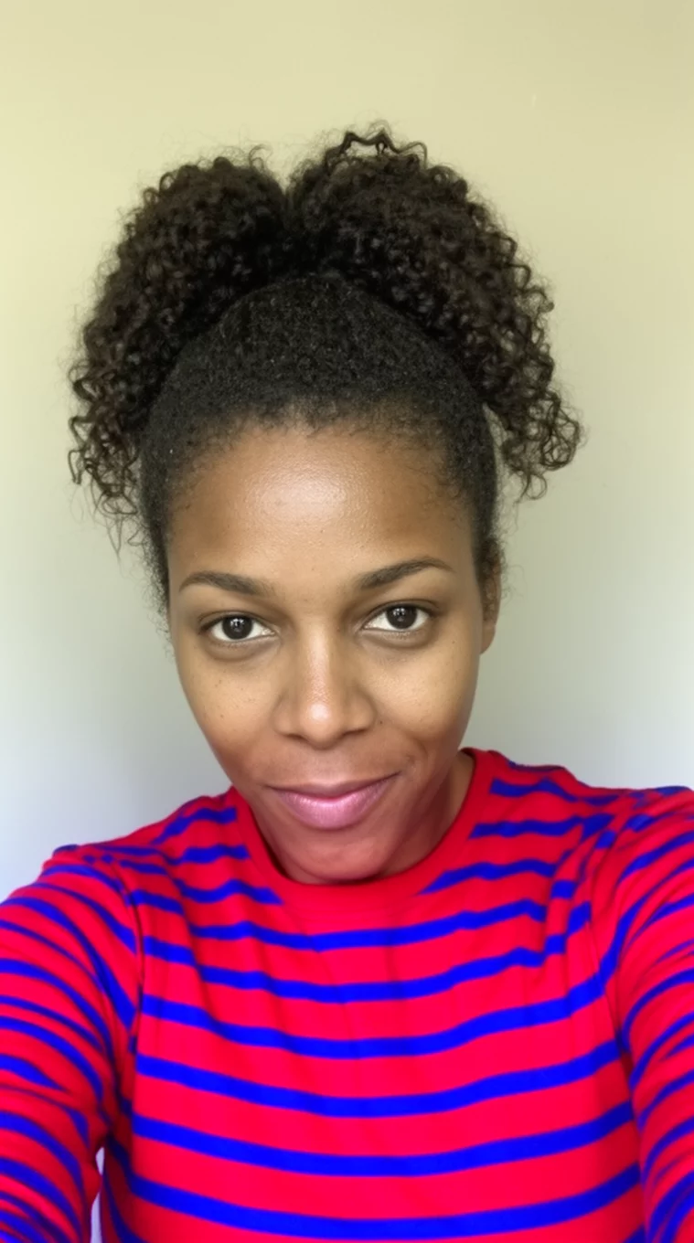 selfie of a 33-year-old woman wearing a red and blue striped shirt with a textured afro ponytail hairstyle, front view, minimal background