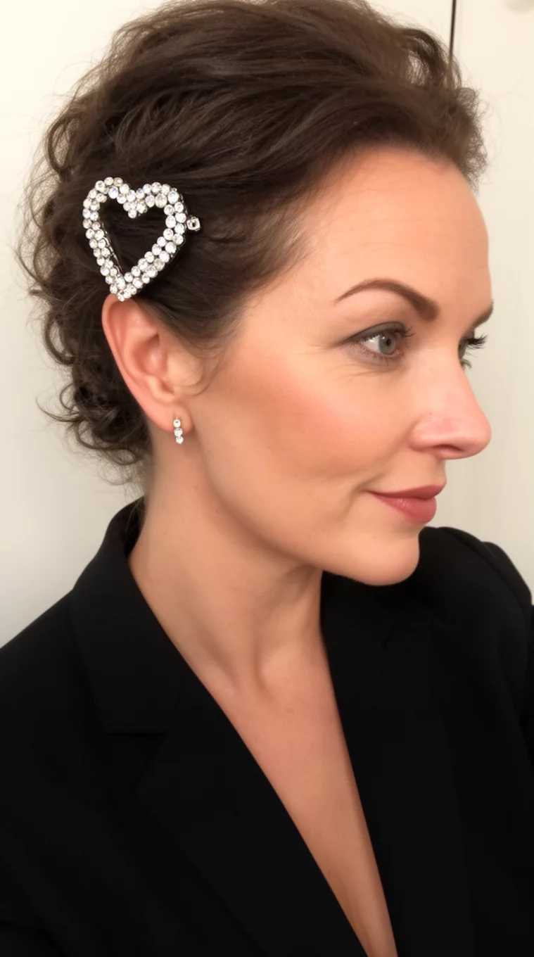 selfie of a 38-year-old woman wearing a black blazer with a jeweled heart side clip hairstyle, side view, minimal background