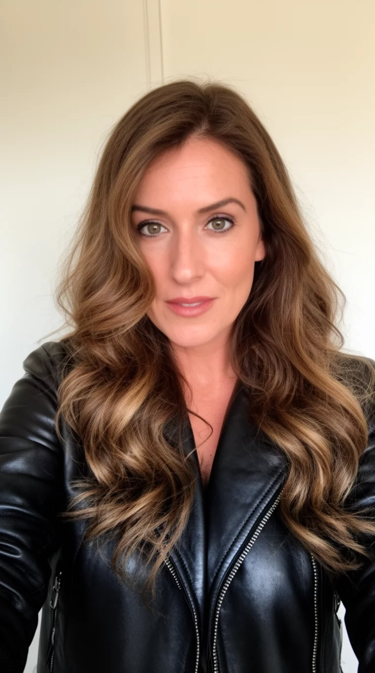 selfie of a 36-year-old woman wearing a black leather jacket with a long waves hairstyle, front view, minimal background