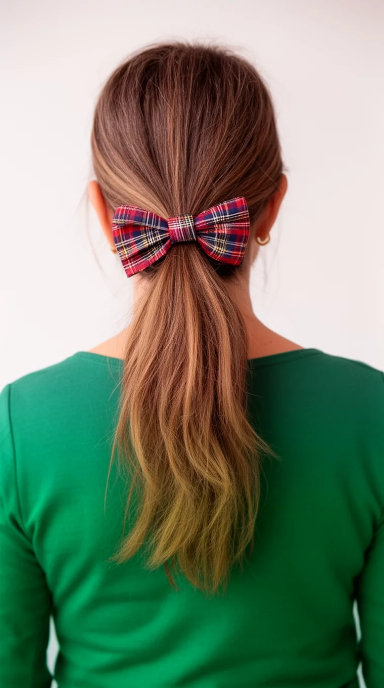 casual photo of a 42-year-old woman wearing an emerald green top with a plaid bow ponytail hairstyle, back view, minimal background