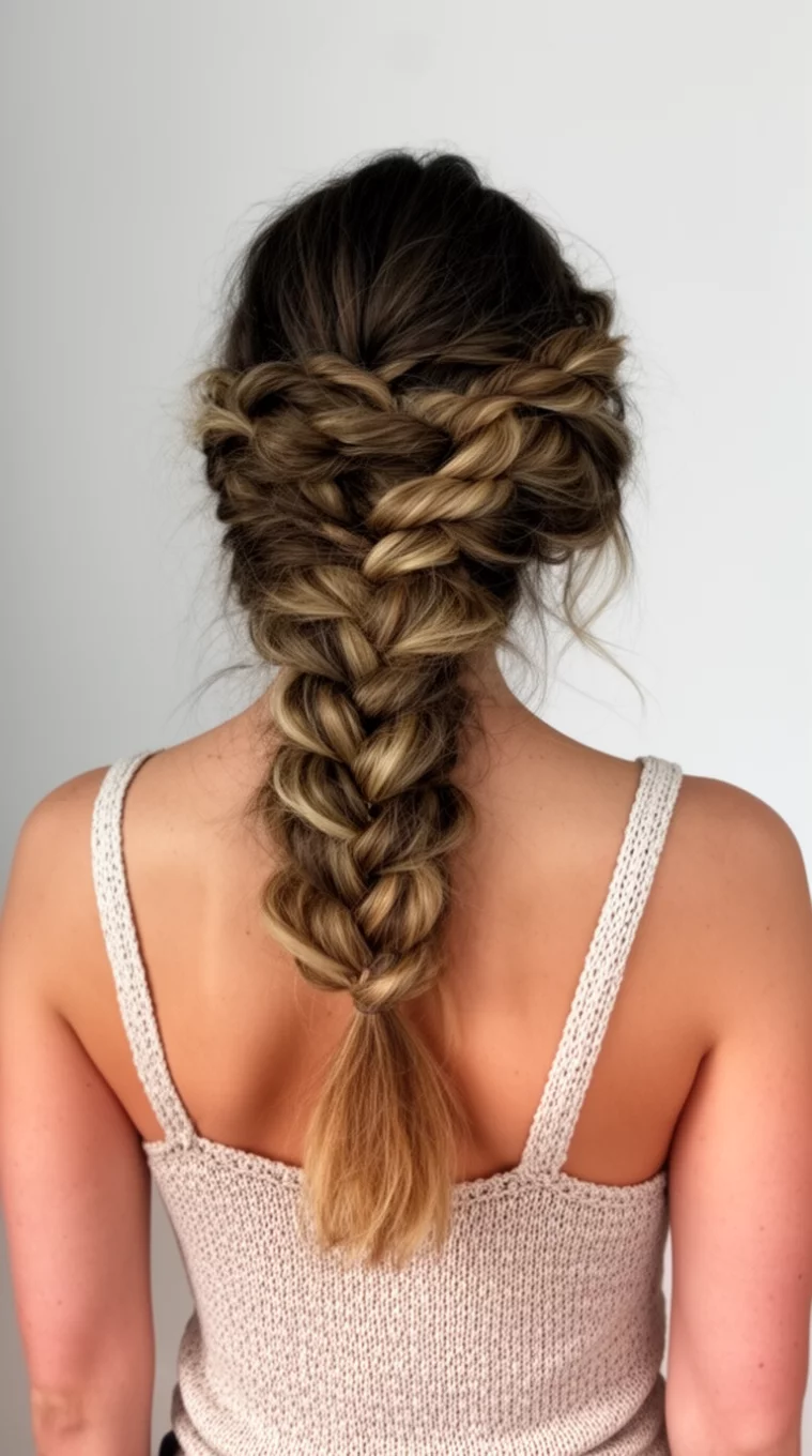 casual photo of a 30-year-old woman wearing a light knit strap top with a lush loose woven braid hairstyle, back view, minimal background