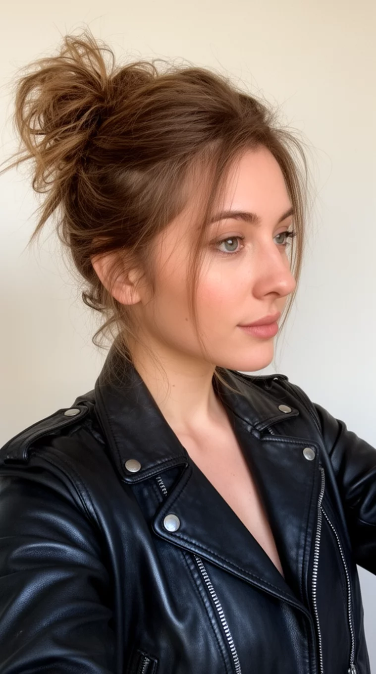 selfie of a 27-year-old woman wearing a black leather jacket with an effortless messy updo hairstyle, side view, minimal background