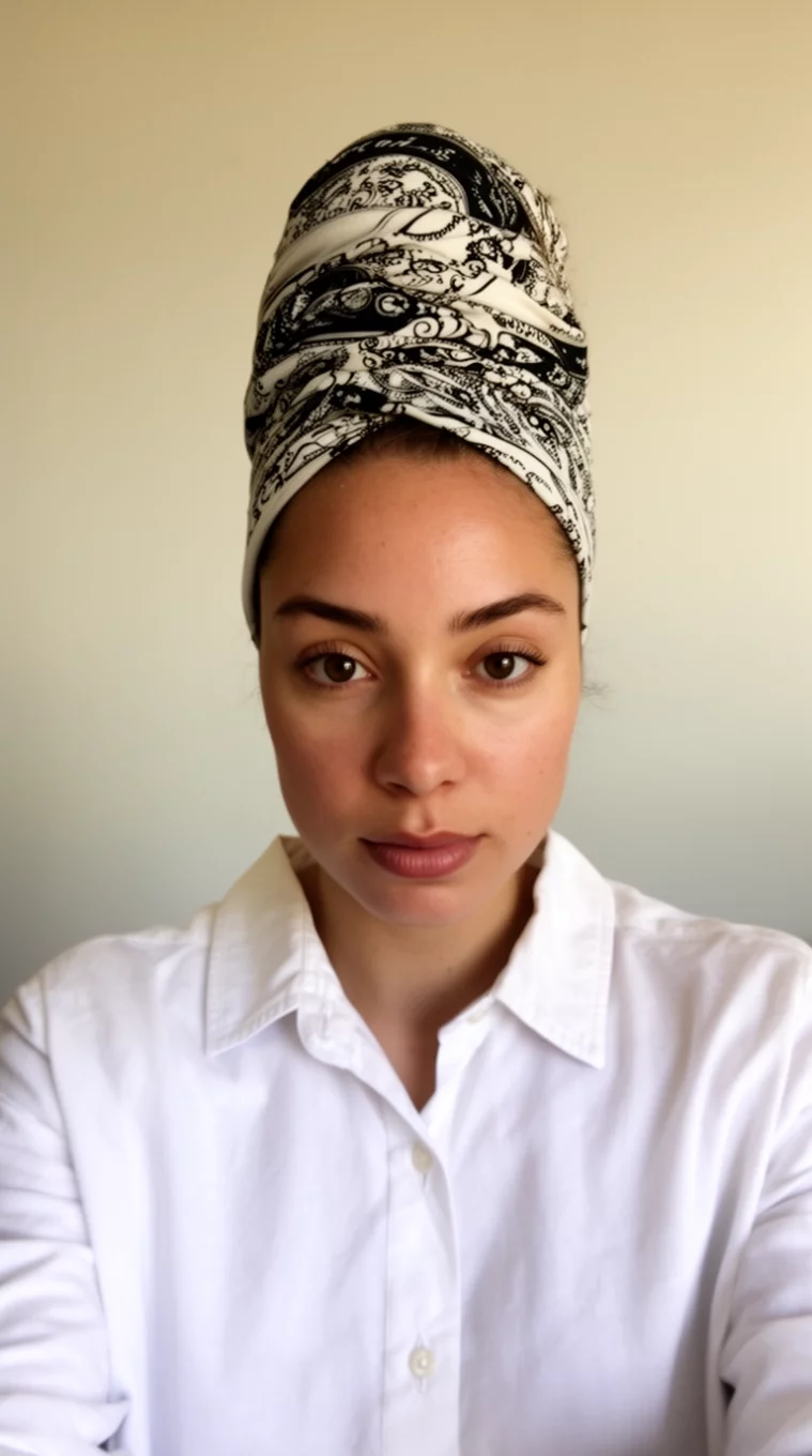 selfie of a 28-year-old woman wearing a white button up shirt with a patterned bandana wrap hairstyle, front view, minimal background