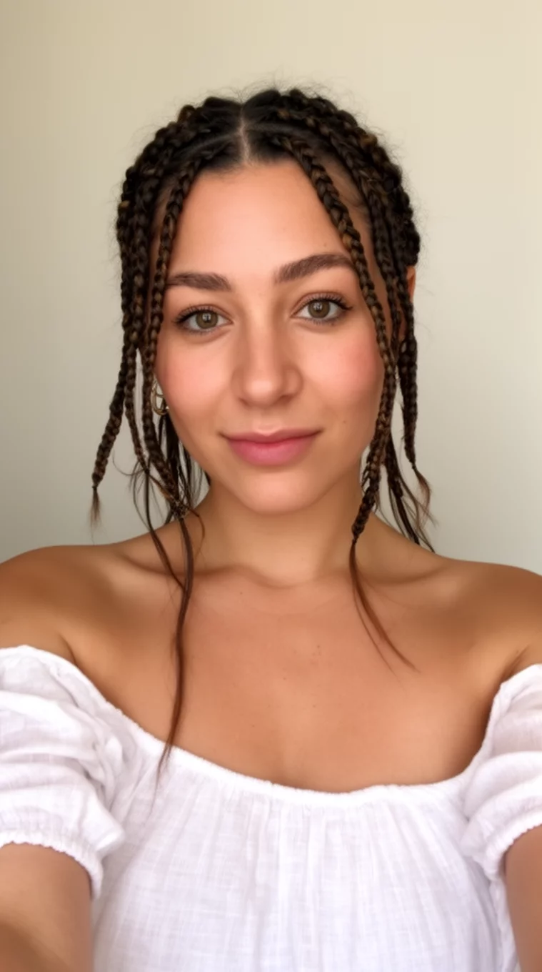 selfie of a 29-year-old woman wearing a white off-the-shoulder top with a bohemian face framing braids hairstyle, front view, minimal background