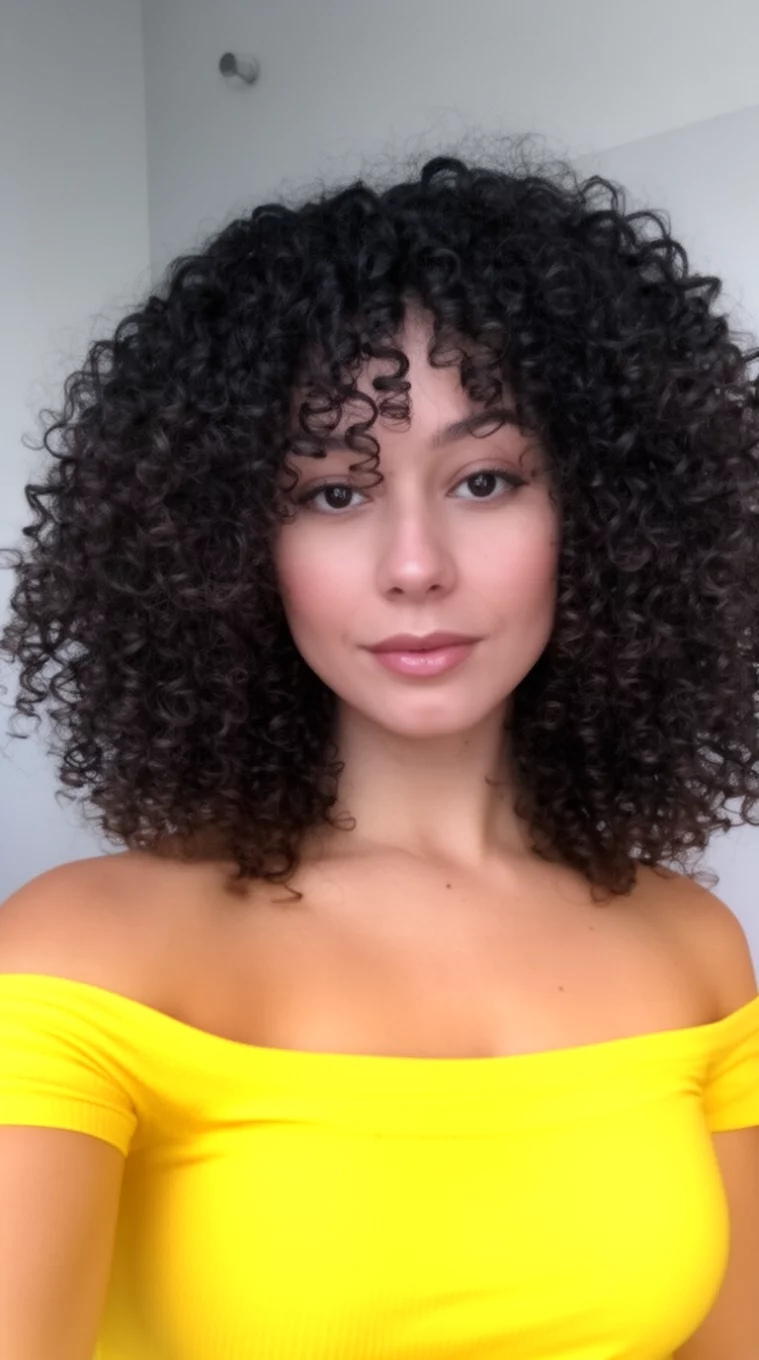 selfie of a 31-year-old woman wearing a yellow off the shoulder top with a voluminous curls hairstyle, front view, minimal background