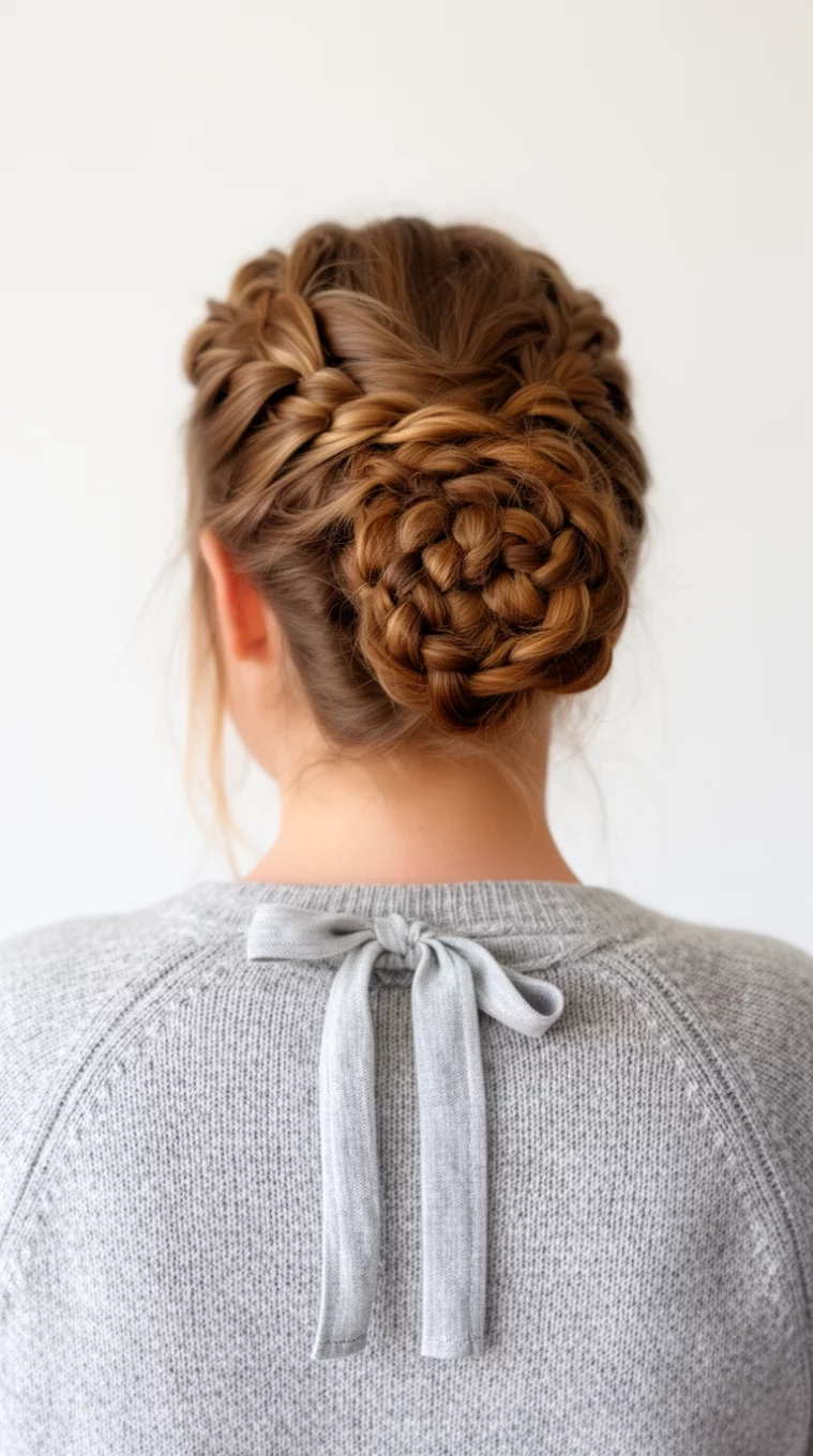 casual photo of a 39-year-old woman wearing a sweater with a bow with an elaborate braided chignon hairstyle, back view, minimal background