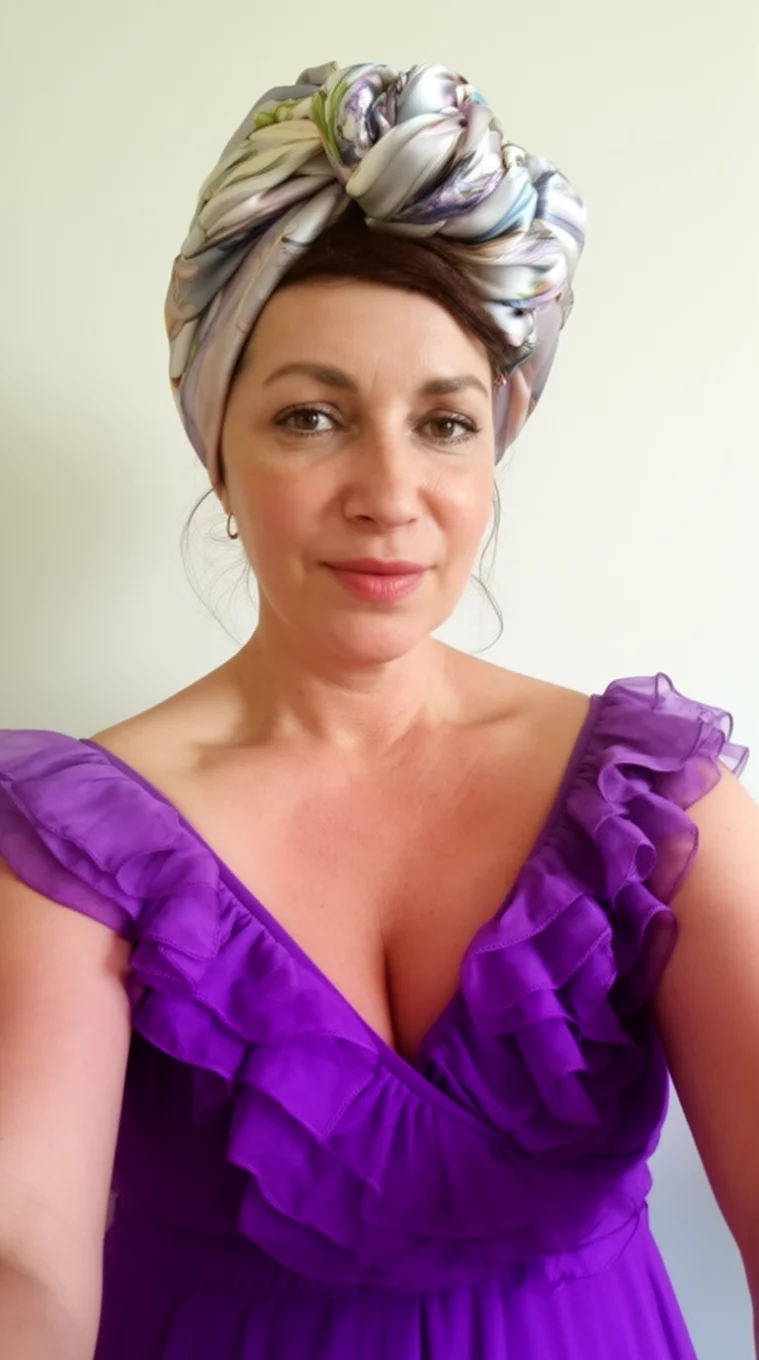 selfie of a 41-year-old woman wearing a purple ruffled dress with a silk scarf head wrap hairstyle, front view, minimal background