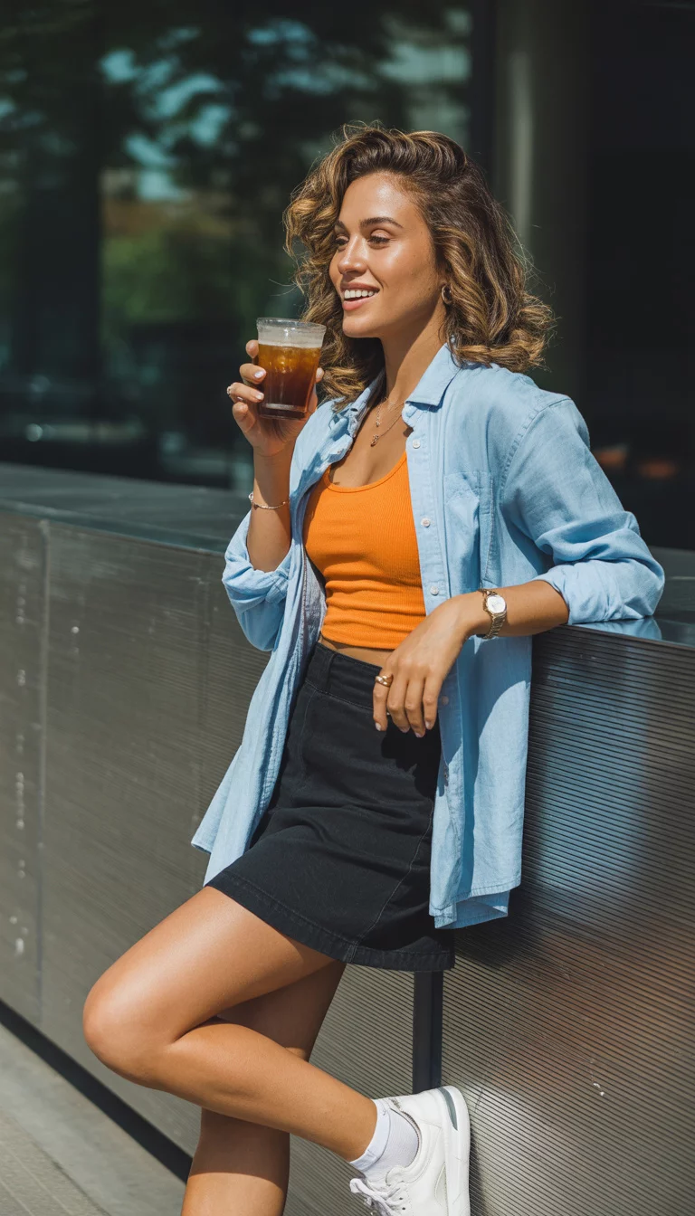 A beautiful 24-year-old woman in an orange tank top, a light blue short-sleeved denim shirt open over it, a black mini-skirt, and white sneakers, holding an iced coffee outdoors by a modern wall.