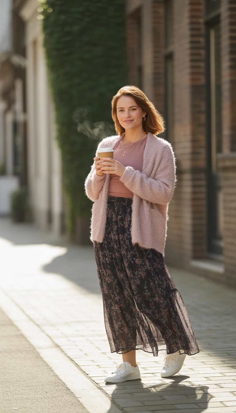 A beautiful 26-year-old woman in a dusty rose top, a long sheer black floral skirt, a fuzzy light pink cardigan, and white sneakers, holding a coffee cup on a brick sidewalk.