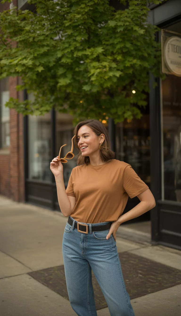 A beautiful 37-year-old woman in a tan/rust colored t-shirt, a statement belt, and cropped jeans, holding sunglasses, standing on a brick sidewalk near a tree and storefront.