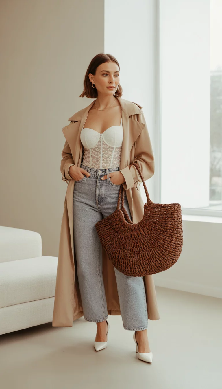 A beautiful 30-year-old woman in a white lace bustier top tucked into high-waisted light wash jeans, an open beige trench coat, and white pointed heels, holding a large brown woven bag indoors.