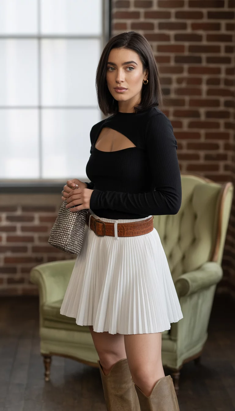 A beautiful 23-year-old woman in a black cutout long-sleeve top, a white pleated mini-skirt with a wide belt, and tall brown leather boots, holding a studded handbag in an indoor setting.