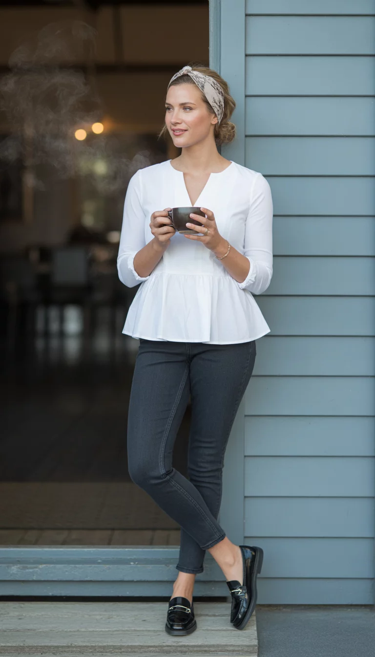 A beautiful 32-year-old woman in a white peplum top, dark skinny jeans, black loafers, and a patterned headband, holding a dark cup, standing in front of blue shiplap siding.