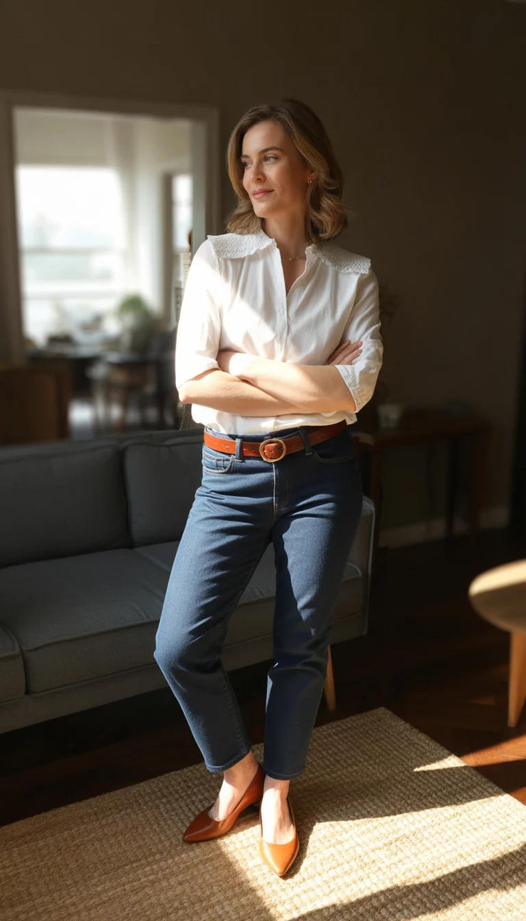 A beautiful 29-year-old woman in a white ruffled-neck shirt tucked into dark blue jeans, with a brown belt and matching flats, indoors with a rug visible.