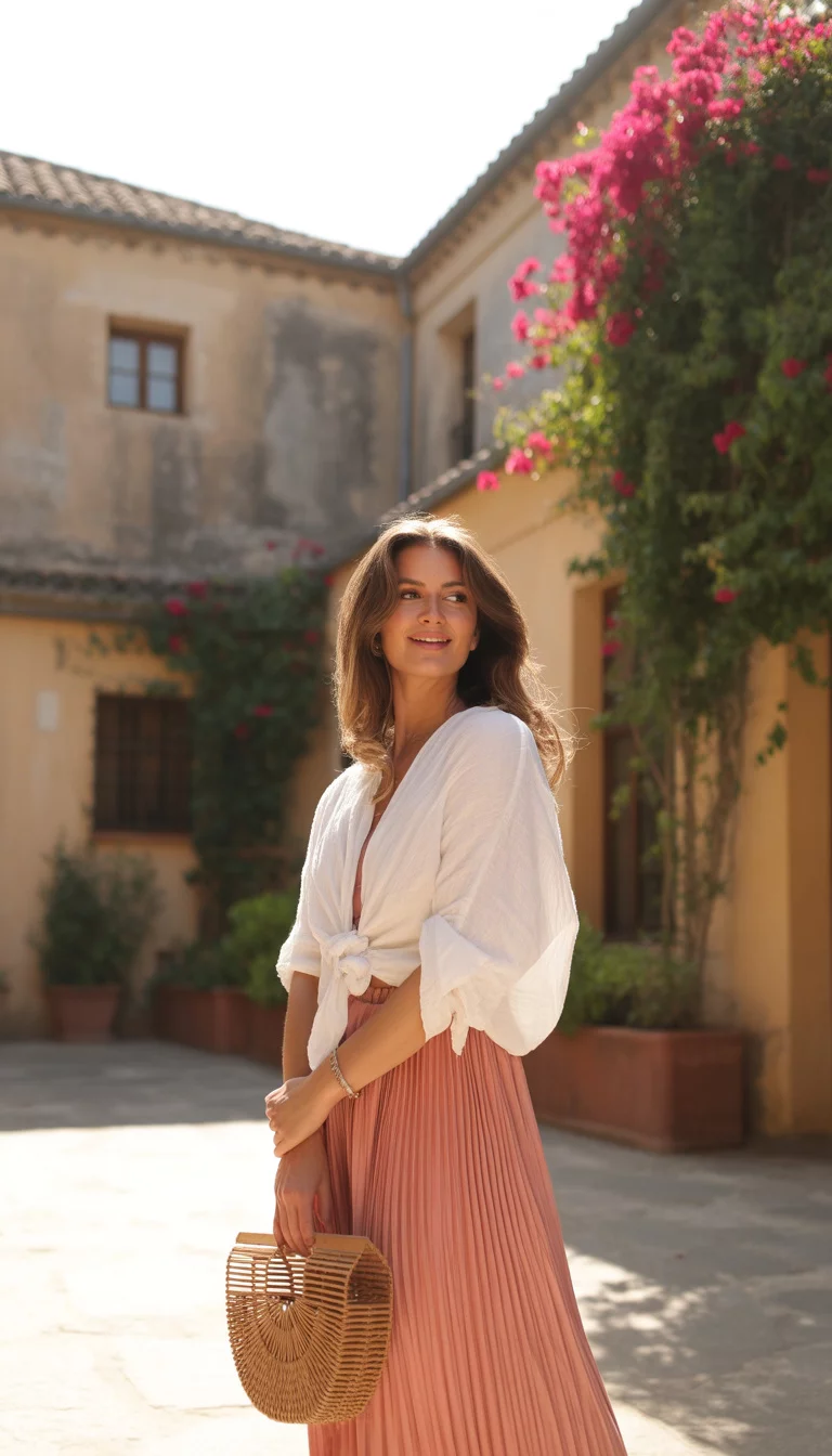 A beautiful 33-year-old woman in a white knotted shirt and a long salmon-colored pleated skirt, with a woven circular bag, standing in a courtyard with Spanish-style architecture.