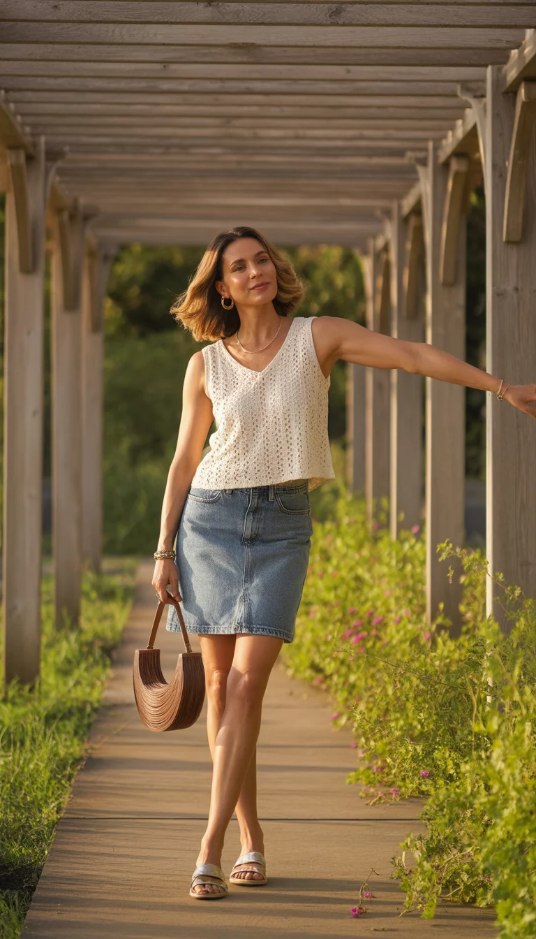 A beautiful 39-year-old woman in a white crochet-style sleeveless top, a medium-wash cropped denim skirt, brown crescent bag, and flat sandals, under a wooden pergola walkway outdoors.