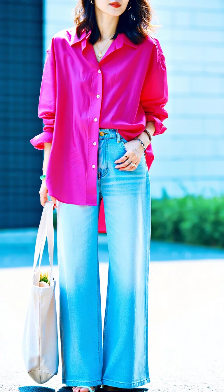 full-body fashion photograph of a 31-year-old woman standing outdoors, wearing a vibrant magenta button-up shirt casually unbuttoned over loose light blue wide-leg jeans, holding a fabric tote bag, bright summer day, high saturation colors, airy atmosphere