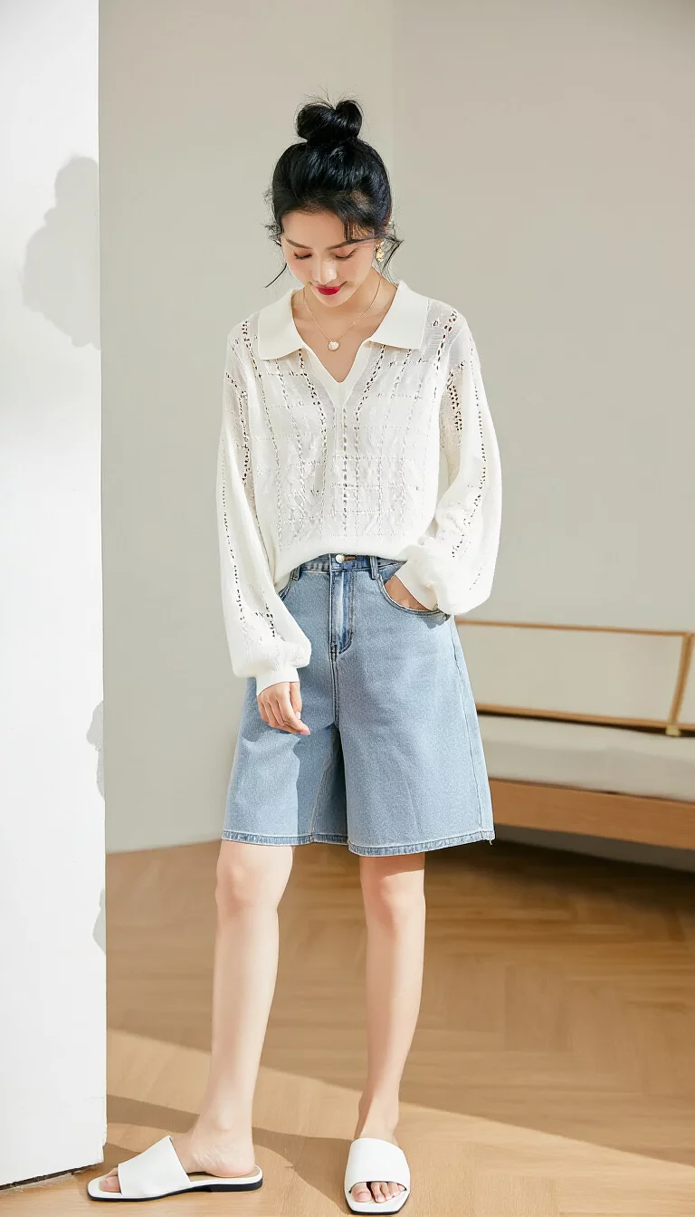 full-body fashion photograph of a 26-year-old woman with hair in a high bun, wearing a loose white pointelle knit collared top over light wash denim shorts with white slide sandals, bright indoor setting, airy atmosphere, relaxed cozy summer style