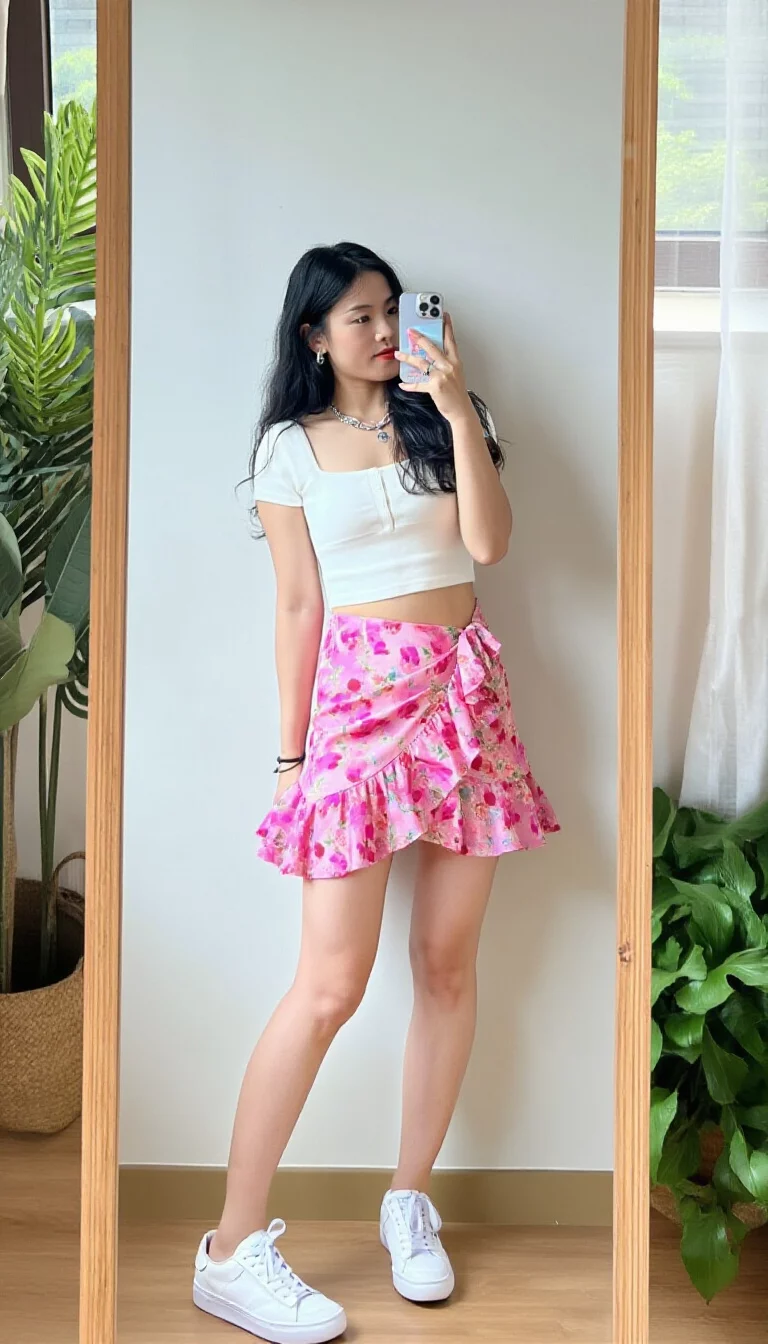 fashion mirror selfie of a 24-year-old woman in a bright room, wearing a white cropped top and a pink floral ruffle wrap mini skirt with white sneakers, leafy decor in background, soft natural light, youthful and airy aesthetic, casual pose