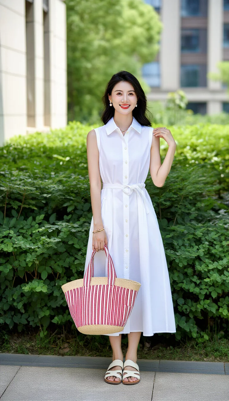 full-body fashion photograph of a 33-year-old woman outdoors, wearing a sleeveless white collared shirtdress with a cinched waist and a red and white striped straw tote bag, smiling, lush greenery and light buildings in background, bright sunlight, classic summer style