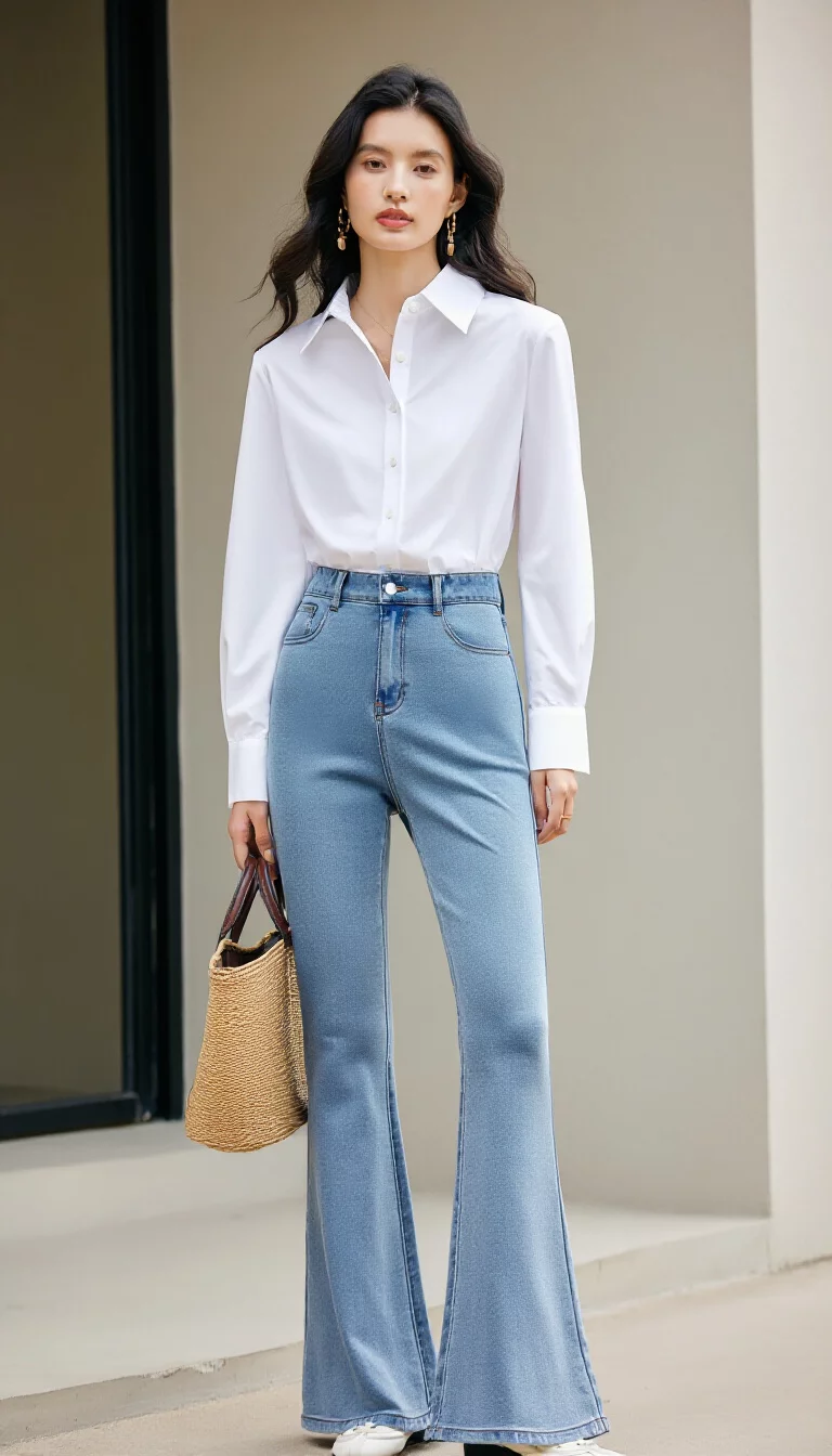 full-body fashion photograph of a 27-year-old woman standing against a neutral exterior wall, wearing high-waisted light-wash denim flare jeans and a tucked-in slightly unbuttoned white collared shirt, holding a woven tote bag, minimalist aesthetic, natural daylight, clean lines, calm expression