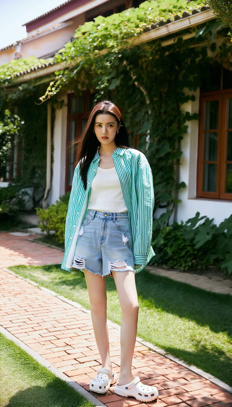 full-body fashion photograph of a 29-year-old woman on a brick path near a vine-covered house, wearing distressed light denim shorts and white clogs with an oversized green and white striped button-down shirt open over a white tank top, relaxed summer vibe, dappled sunlight