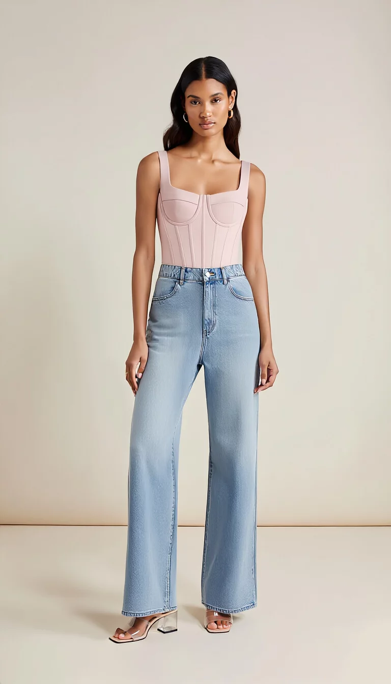 full-body fashion photograph of a 29-year-old woman in a studio, wearing a structured pale pink sleeveless corset top with high-waisted light-wash wide-leg denim jeans and clear heeled mules, long dark hair, soft studio lighting, clean background, modern fashion pose