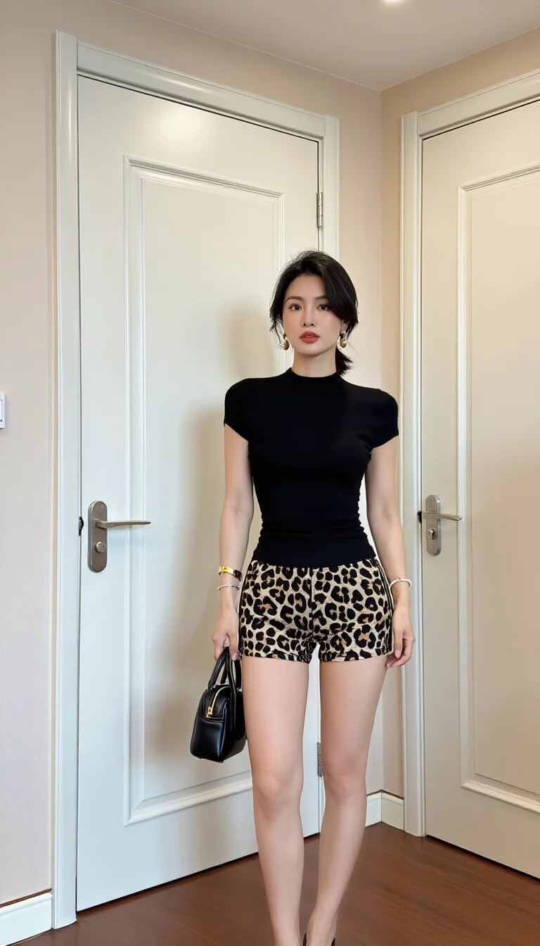 full-body fashion photograph of a 28-year-old woman indoors against white doors, wearing a black short-sleeved top and leopard print shorts, holding a small black handbag, soft lighting, casual pose, trendy home style
