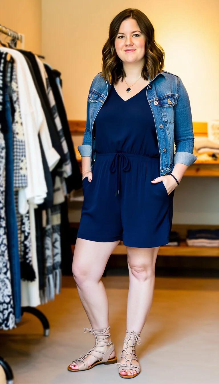 full-body fashion photograph of a 29-year-old woman indoors near a clothing rack, wearing a navy blue drawstring waist romper and a blue denim jacket with nude lace-up flat sandals, smiling, soft indoor lighting, cozy and casual atmosphere