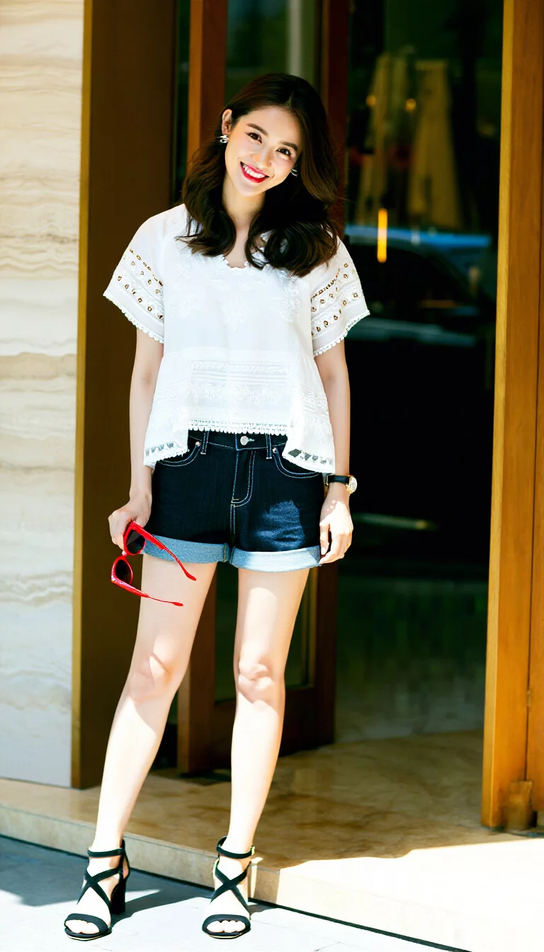 full-body fashion photograph of a 28-year-old woman in front of a building entrance, wearing dark wash cuffed denim shorts and a white embroidered short-sleeve top with black strapped heels, holding red sunglasses, beaming, bright sunlight, playful summer mode
