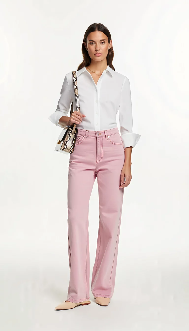 full-body fashion photograph of a 30-year-old woman against a white background, wearing light pink relaxed-fit jeans and a white cuffed button-down shirt, carrying a small snakeskin print bag, clean studio lighting, minimalist composition, soft colors