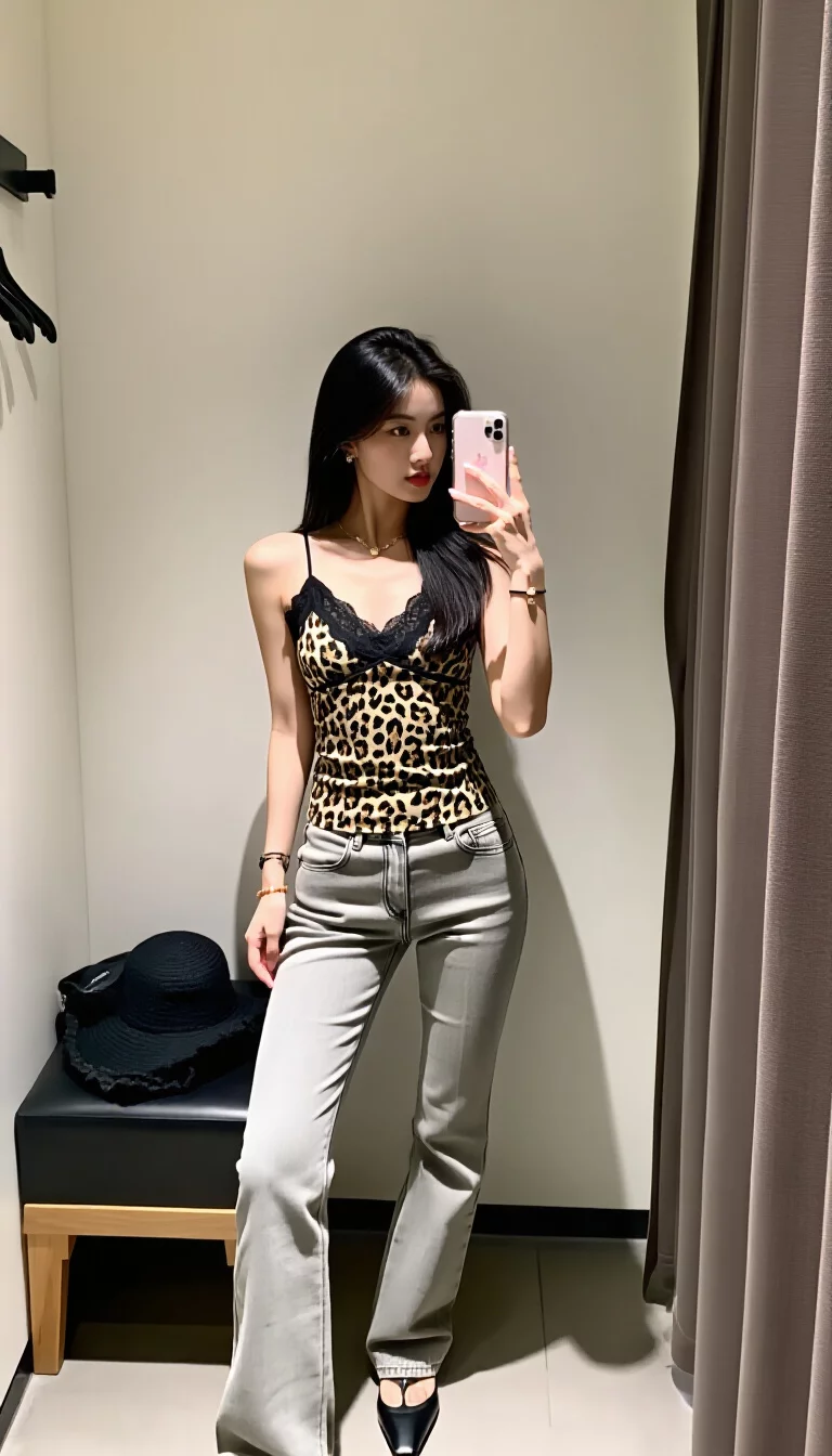 fashion mirror selfie of a 26-year-old woman in a dressing room, wearing a leopard print cami top with black lace trim and light grey straight-leg jeans, holding a smartphone, soft interior lighting, modern decor, casual pose, neutral color palette with animal print