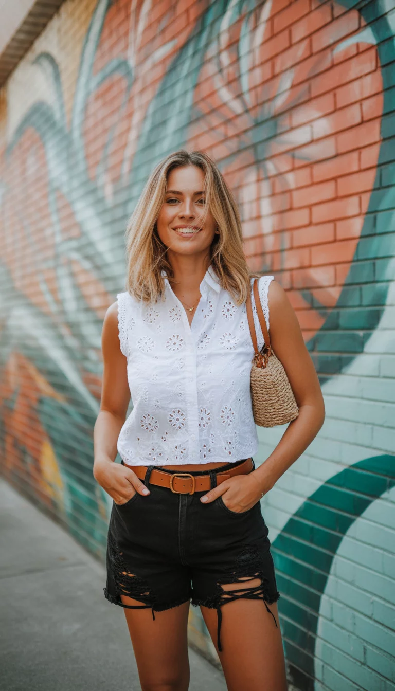A beautiful woman in a white eyelet sleeveless crop top, black distressed lace up shorts, brown belt, and a small woven bag, standing before a brick mural.