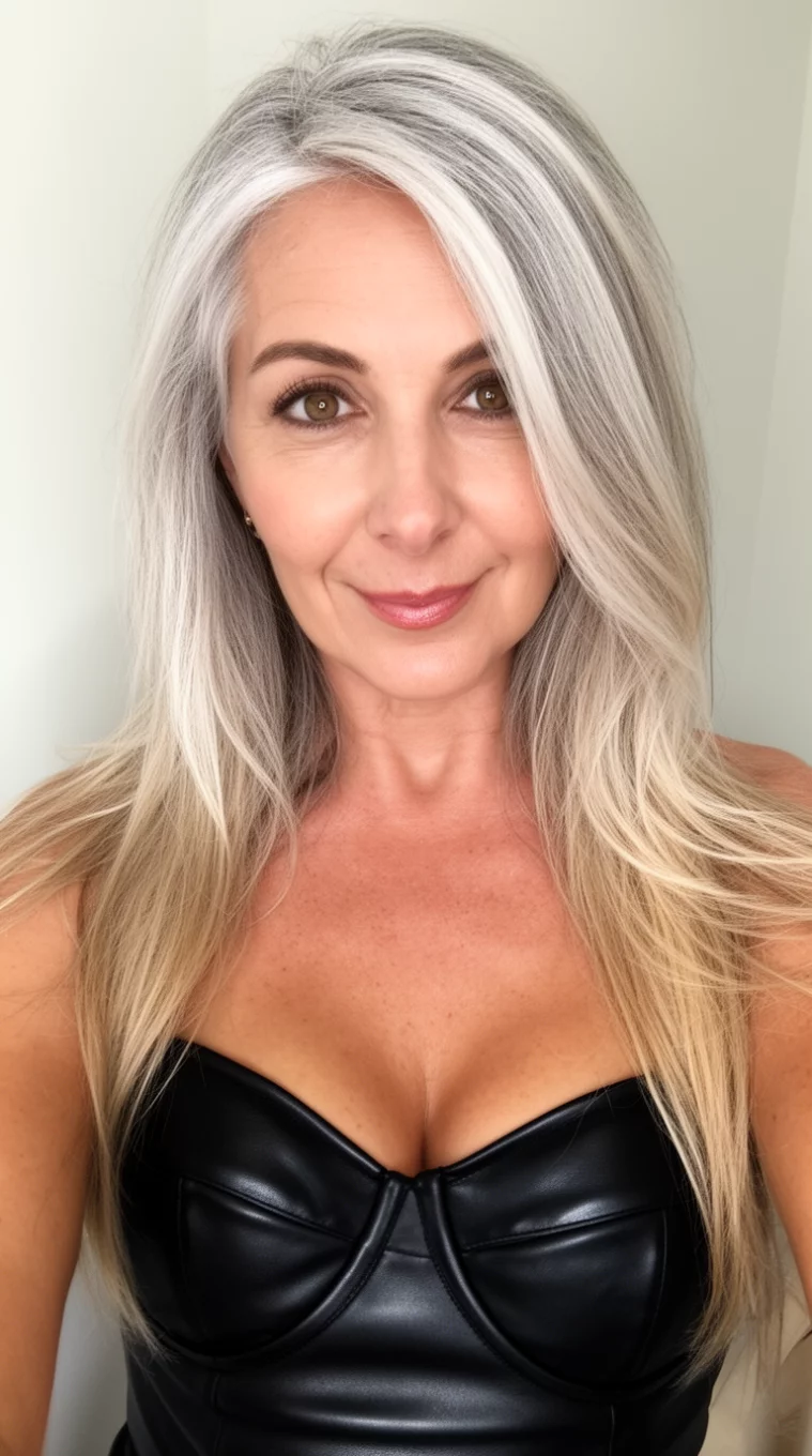 Silver Roots to Light Blonde Transition selfie of a 47-year-old woman wearing a black leather sweetheart neckline top with a silver roots transitioning to light blonde ends colored long hairstyle, front view, minimal background