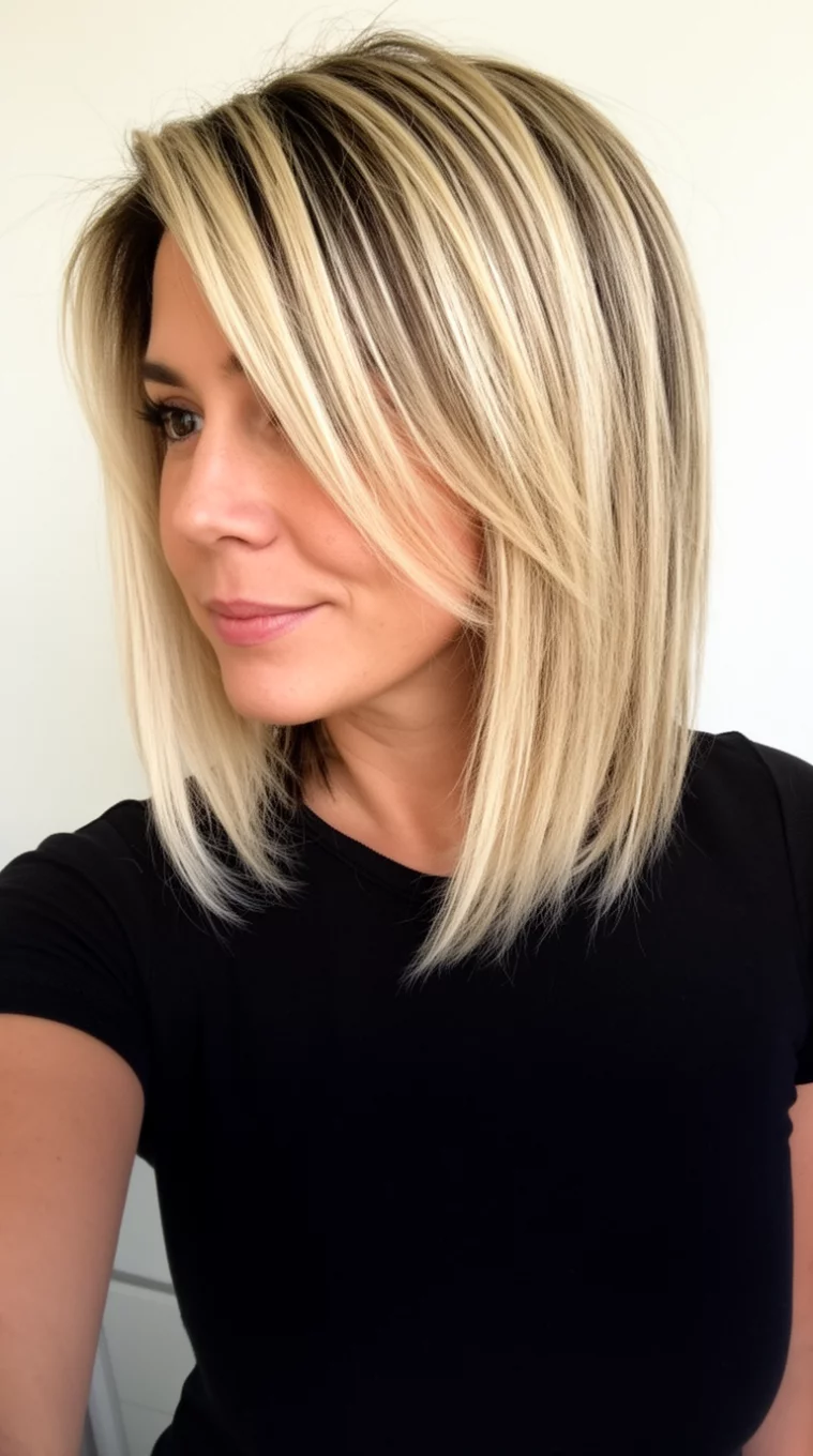 Layered Blonde Bob with Dark Roots selfie of a 33-year-old woman wearing a black top with a layered blonde bob featuring dark roots and front highlights colored long hairstyle, side view, minimal background