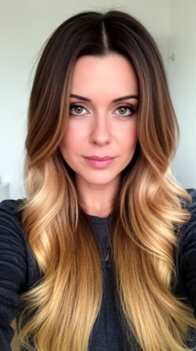 Dark Roots with Strong Caramel Balayage selfie of a 34-year-old woman wearing a dark top with a dark brown roots and a strong caramel blonde balayage colored long hairstyle, front view, minimal background