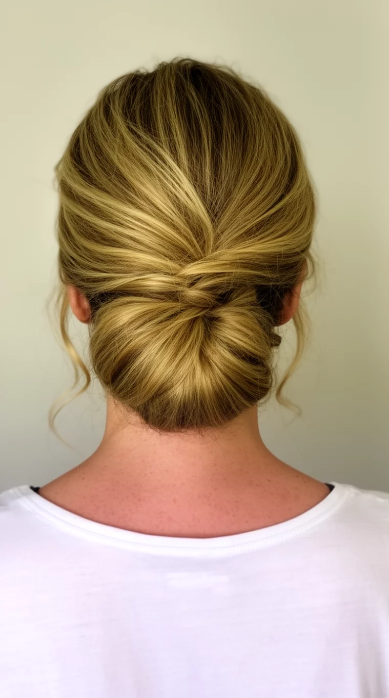 casual photo of a 42-year-old woman wearing a white top with a voluminous blonde low swept-up bun hairstyle, back view, minimal background