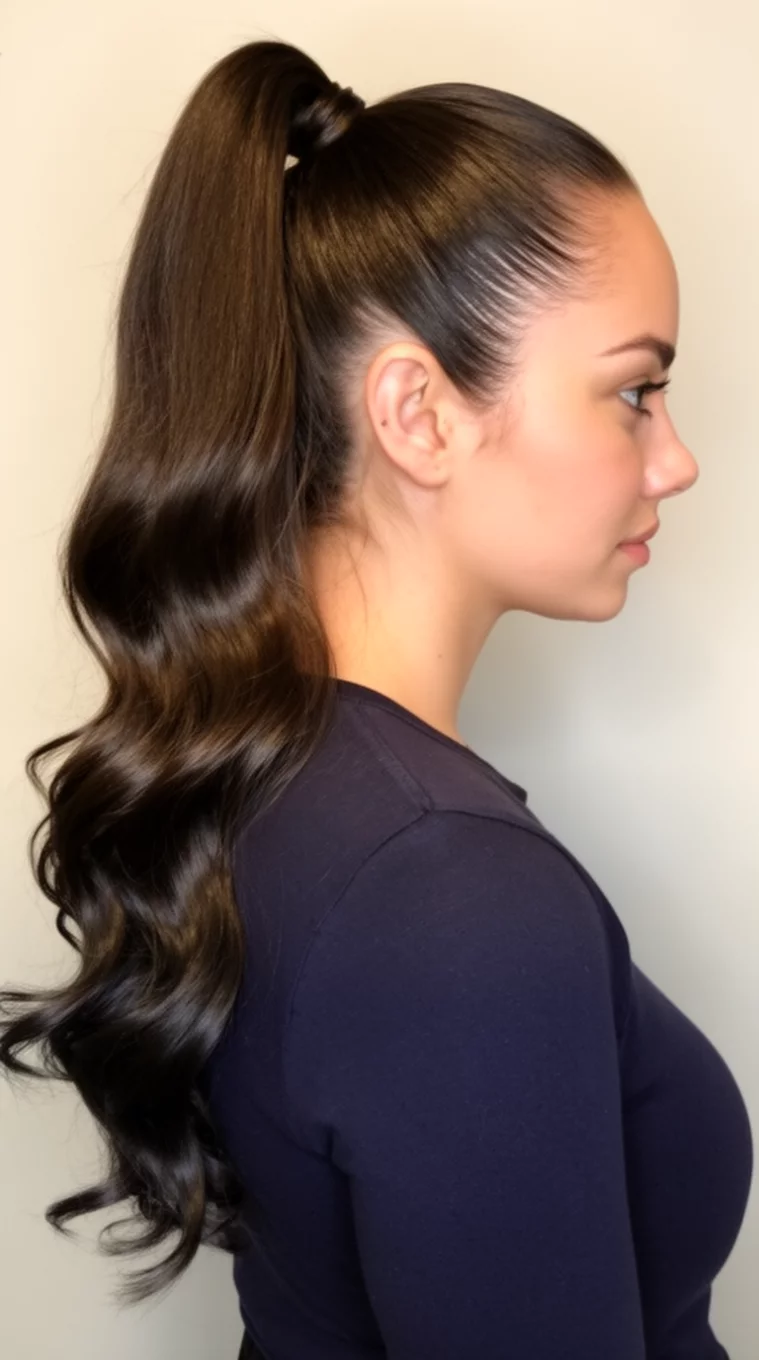 casual photo of a 33-year-old woman wearing a dark top with an extremely sleek high ponytail with glamorous waves in the tail hairstyle, side view, minimal background