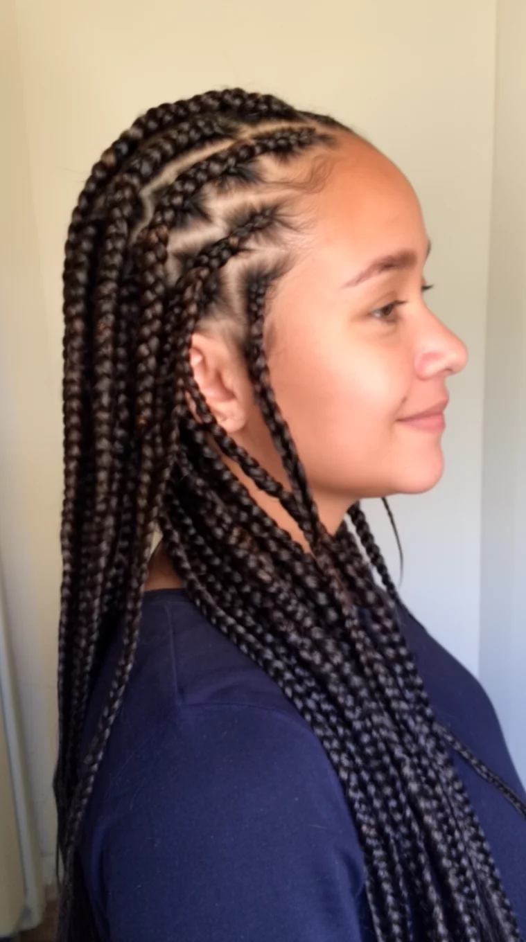 casual photo of a 39-year-old woman wearing a dark top with intricate cornrow designs leading into large dark box braids hairstyle, side view, minimal background