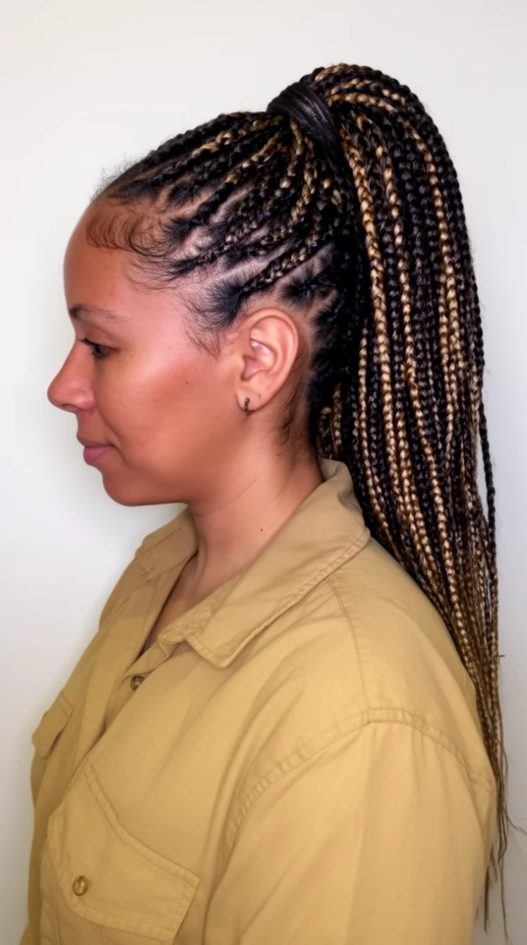 casual photo of a 38-year-old woman wearing a tan collared shirt with a high ponytail made of long dark cornrows with lighter highlights hairstyle, side view, minimal background