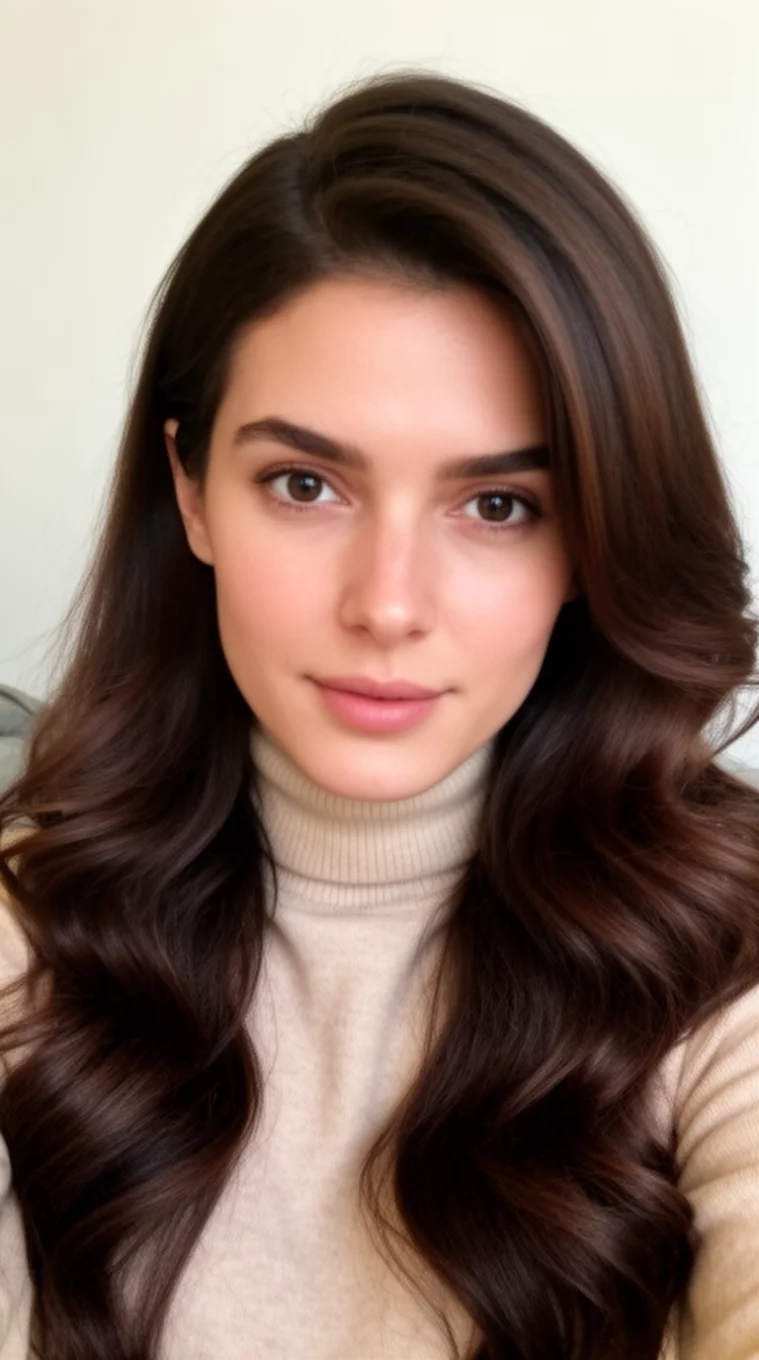 selfie of a 30-year-old woman wearing a light beige turtleneck with long voluminous dark brown hair in soft waves and a deep side part hairstyle, front view, minimal background