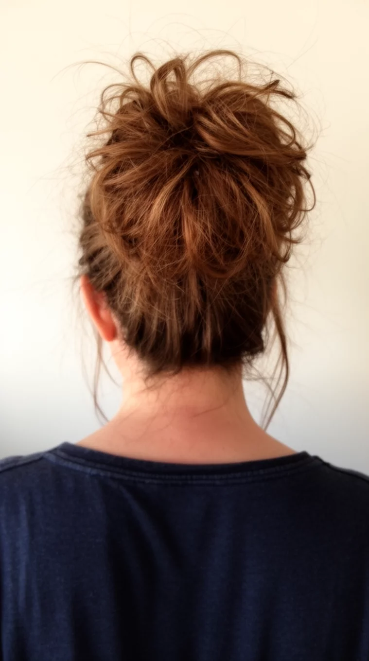 casual photo of a 45-year-old woman wearing a dark shirt with a messy high textured bun with loose strands hairstyle, back view, minimal background