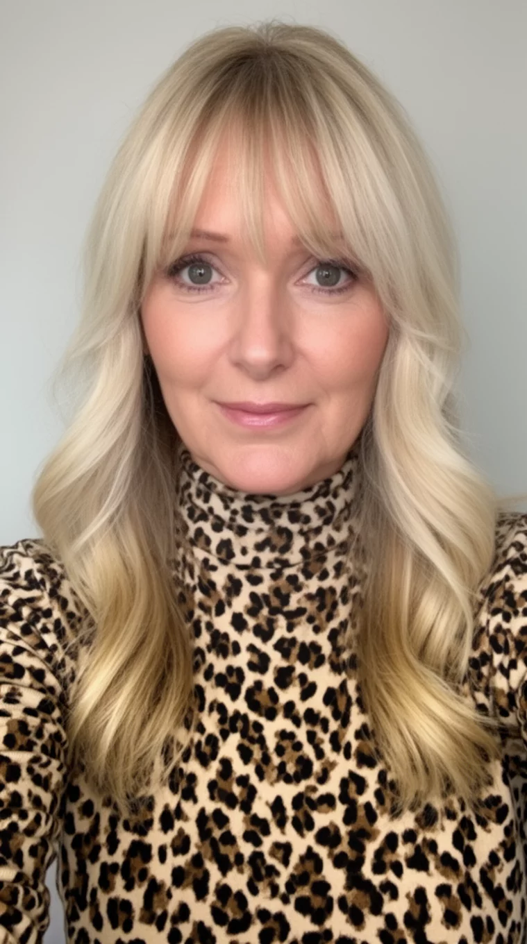 selfie of a 40-year-old woman wearing a leopard-print turtleneck with blonde hair featuring curtain bangs and face-framing layers hairstyle, front view, minimal background