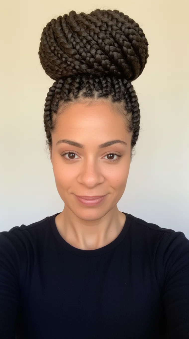 selfie of a 35-year-old woman wearing a black top with large thick braids formed into a high bun hairstyle, front view, minimal background