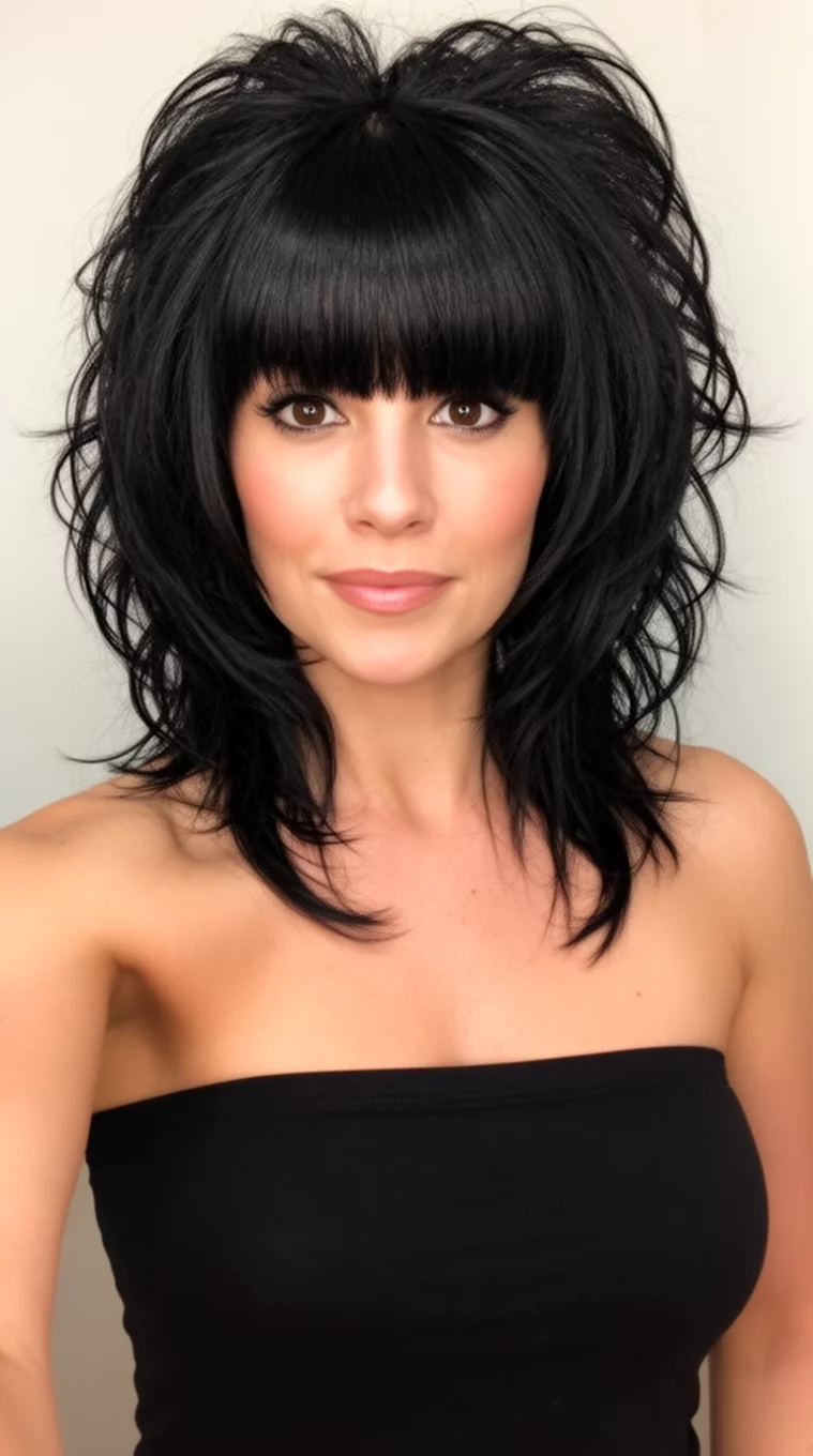 selfie of a 30-year-old woman wearing a black strapless top with a dramatic heavily layered black hairstyle and full bangs hairstyle, front view, minimal background
