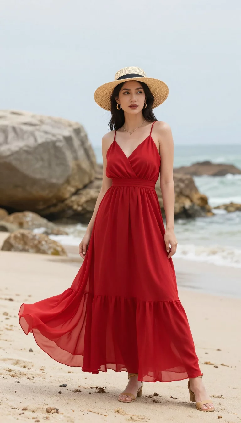 A beautiful woman in a sweeping red chiffon maxi dress and a straw hat, she stands on a sandy beach near rocky outcrops.