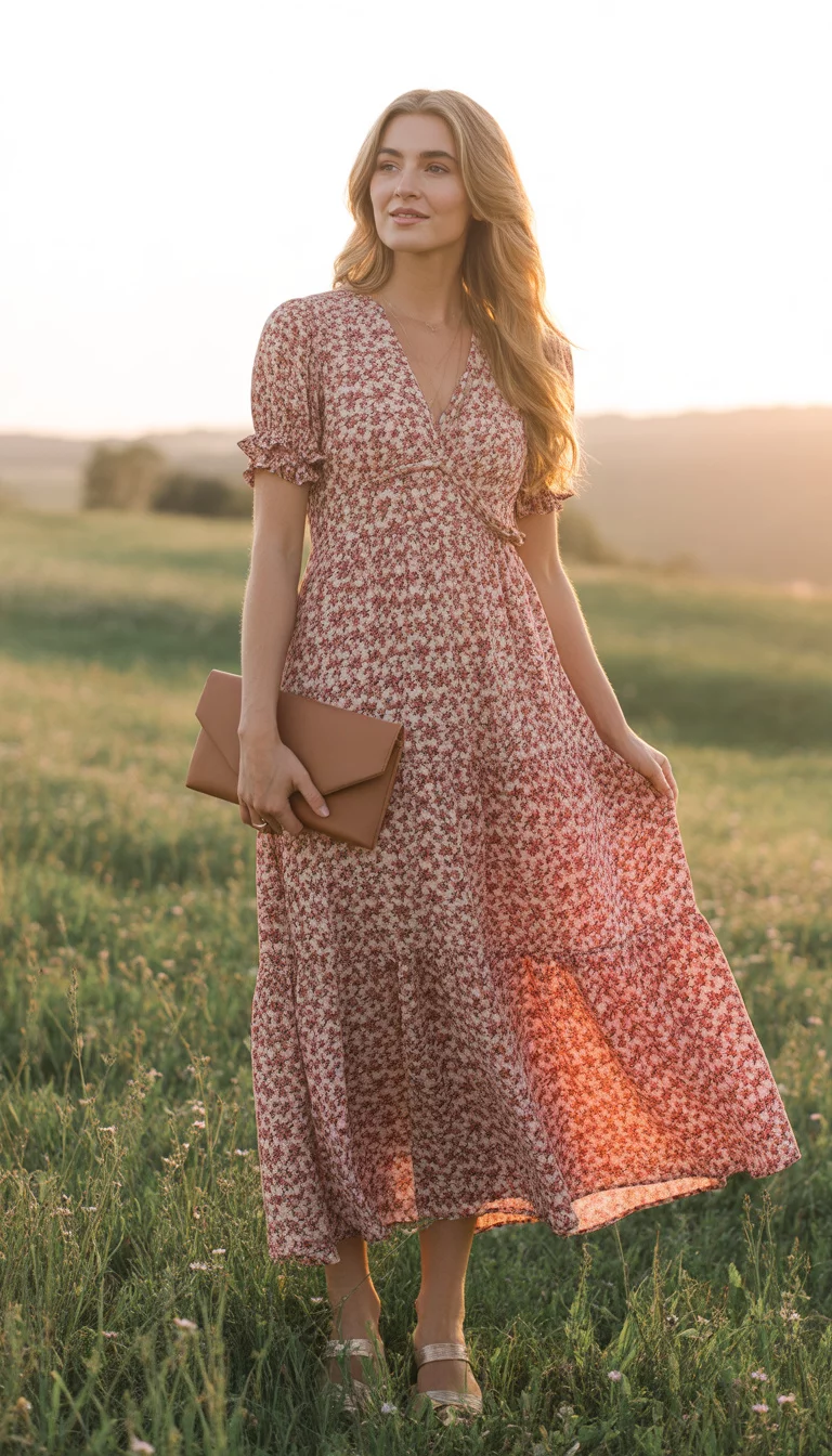 A beautiful woman in a red and white floral maxi dress with a tiered skirt and v neck, she carries a brown clutch and wears nude sandals.