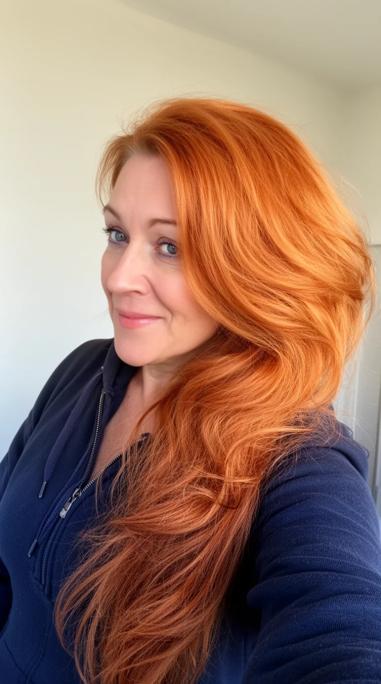 selfie of a 40-year-old woman wearing a dark hoodie with a Voluminous Copper Sunset colored long hairstyle, side view, minimal background
